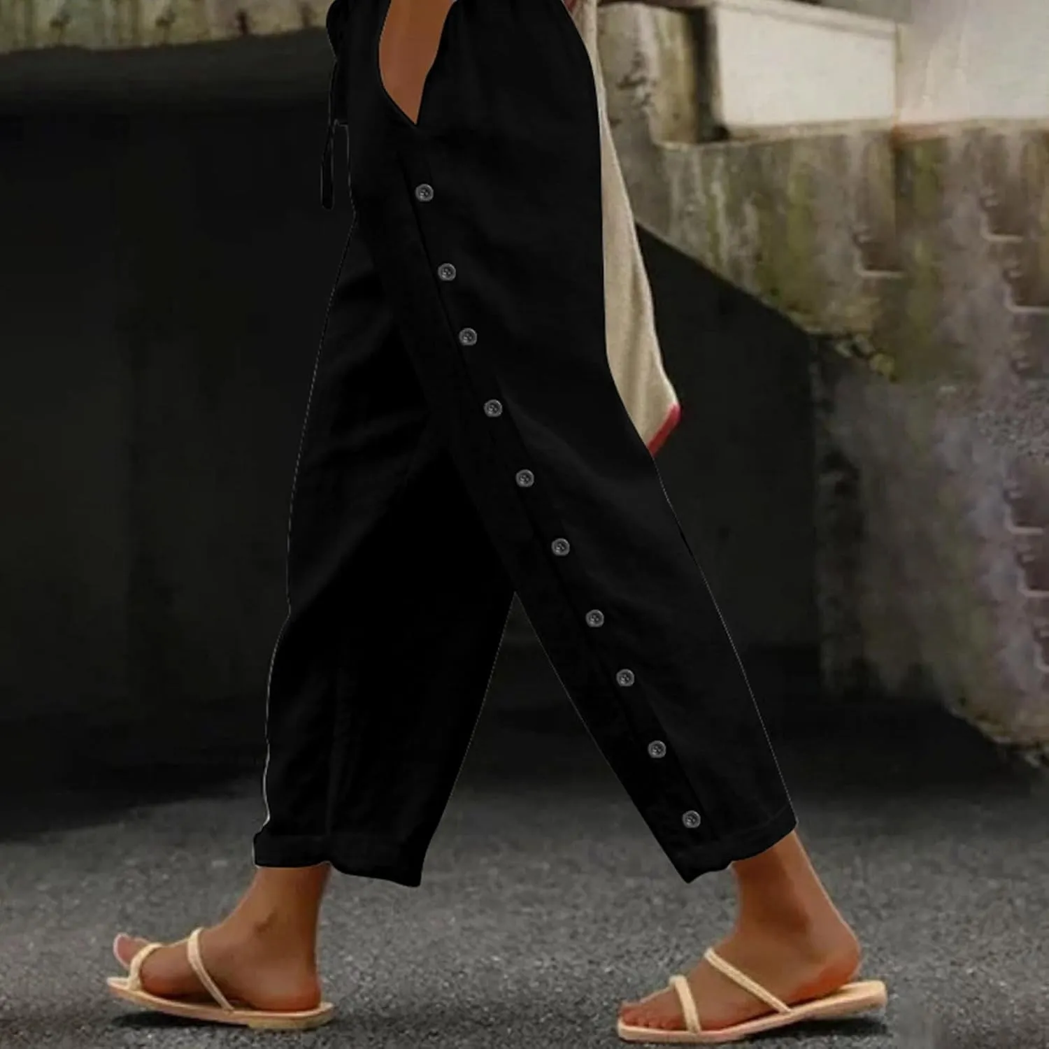 Linen Pants Women Petite Elastic Waisted Trousers Lightweight Summer Pants Dressy Palazzo Pant Beach Vacation Outfit