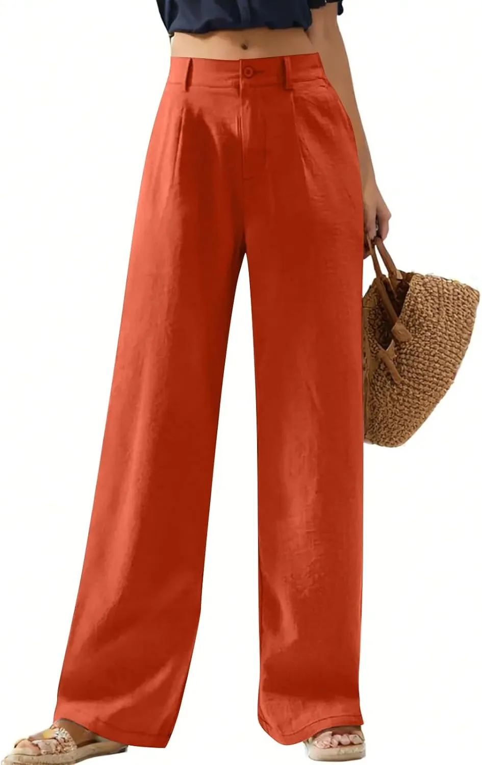 Linen Pants Women Summer Button Down Elastic High Waisted Straight Wide Leg Work Pants Business Casual Trouser Pants
