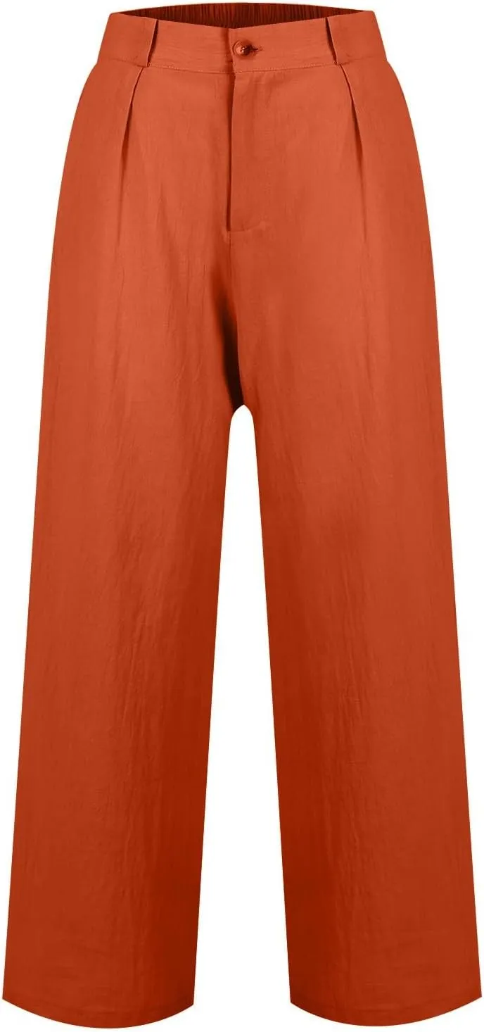 Linen Pants Women Summer Button Down Elastic High Waisted Straight Wide Leg Work Pants Business Casual Trouser Pants