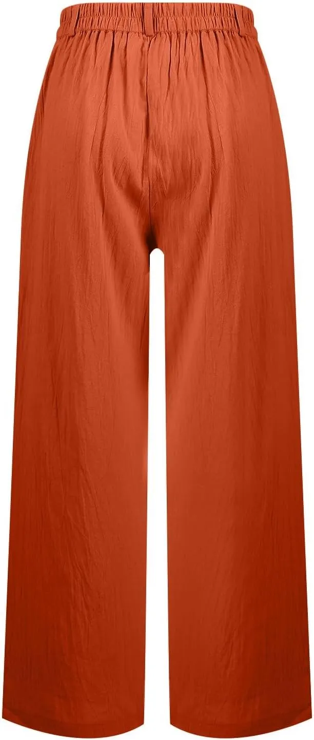 Linen Pants Women Summer Button Down Elastic High Waisted Straight Wide Leg Work Pants Business Casual Trouser Pants
