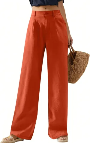 Linen Pants Women Summer Button Down Elastic High Waisted Straight Wide Leg Work Pants Business Casual Trouser Pants