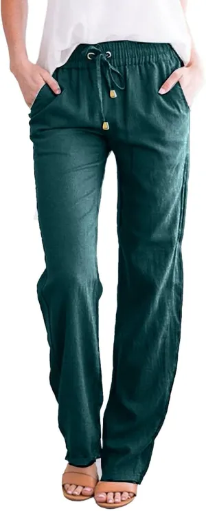 Linen Pants Women Summer,2025 Wide Leg Casual Cotton Linen Pants High Waisted Drawstring Lounge Pants Beach Trousers