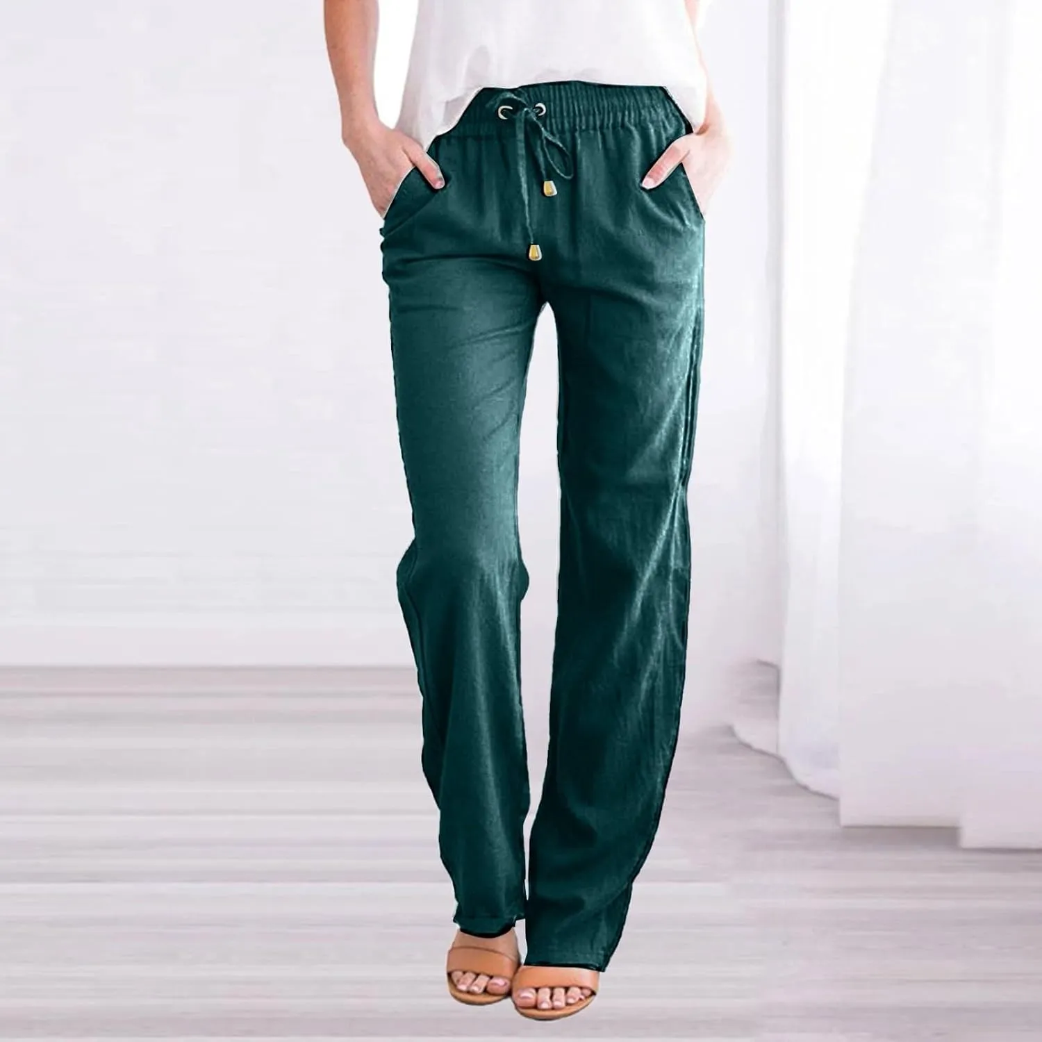 Linen Pants Women Summer,2025 Wide Leg Casual Cotton Linen Pants High Waisted Drawstring Lounge Pants Beach Trousers