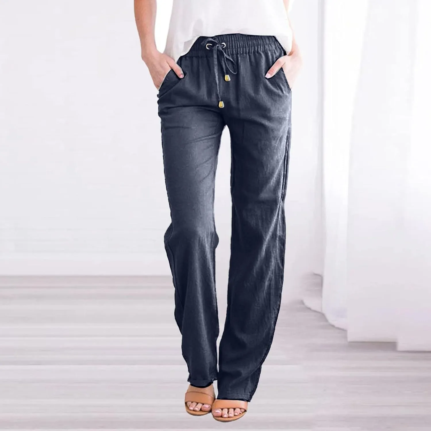 Linen Pants Women Summer,2025 Wide Leg Casual Cotton Linen Pants High Waisted Drawstring Lounge Pants Beach Trousers