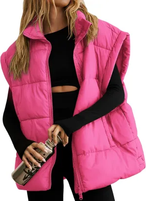 Lingswallow Womens Puffer Vest Oversized Puffer Jacket Coat Outerwear Sleeveless Stand Collar Vest for Women 2024 Trendy