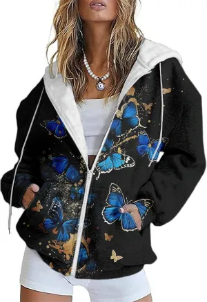 LOAIHA Womens Zip Up Hoodies Floral Print Jackets Long Sleeve Graphic Oversized Sweatshirts Girls Y2K Jacket with Pockets