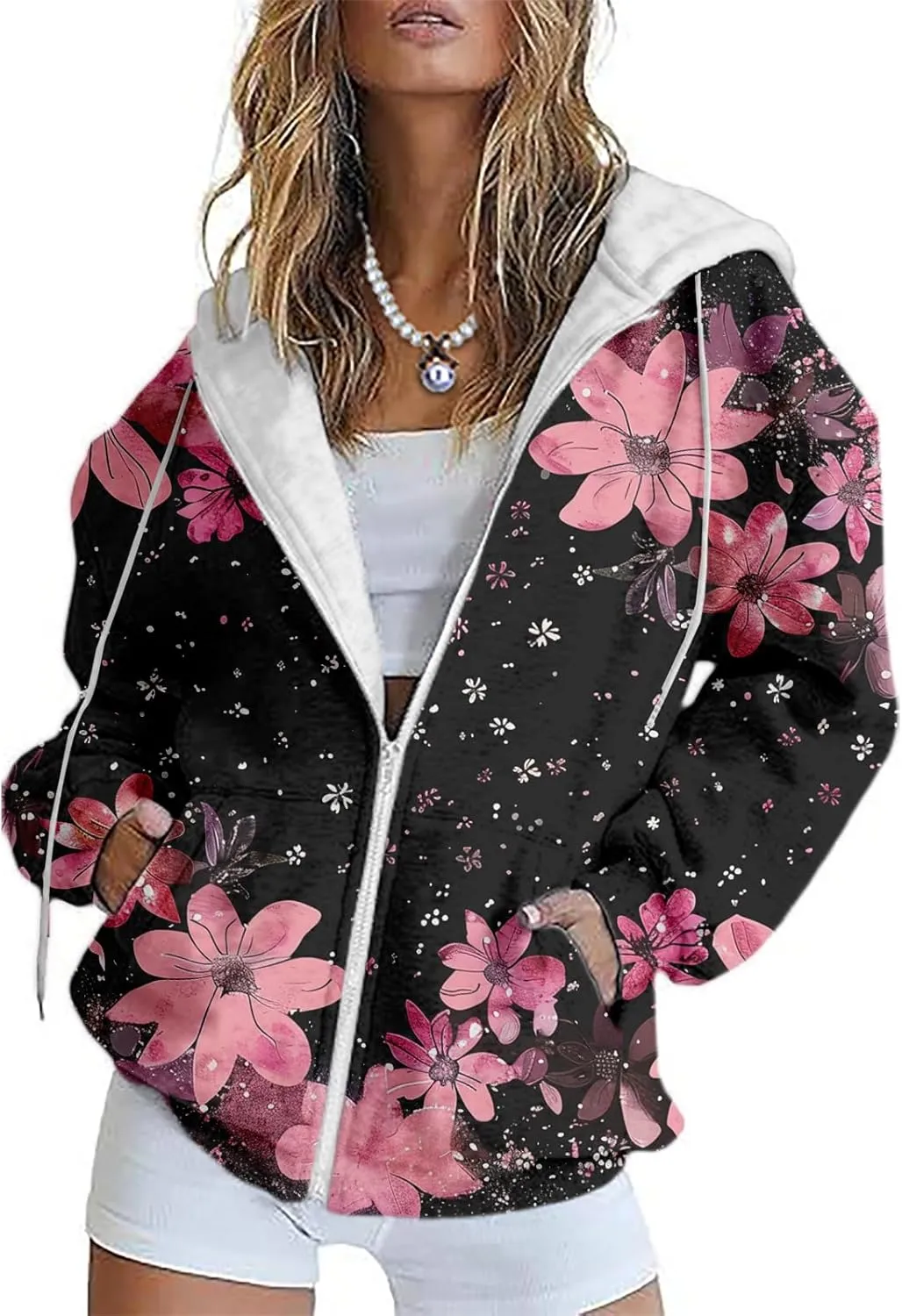 LOAIHA Womens Zip Up Hoodies Floral Print Jackets Long Sleeve Graphic Oversized Sweatshirts Girls Y2K Jacket with Pockets