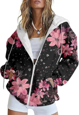 LOAIHA Womens Zip Up Hoodies Floral Print Jackets Long Sleeve Graphic Oversized Sweatshirts Girls Y2K Jacket with Pockets