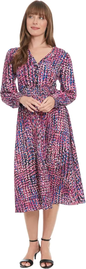 London Times Women's Long Sleeve V-Neck Midi Elastic Waist Flowy Skirt-Versatile Cocktail Wedding Guest Dress