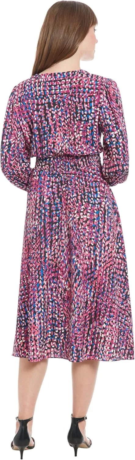 London Times Women's Long Sleeve V-Neck Midi Elastic Waist Flowy Skirt-Versatile Cocktail Wedding Guest Dress