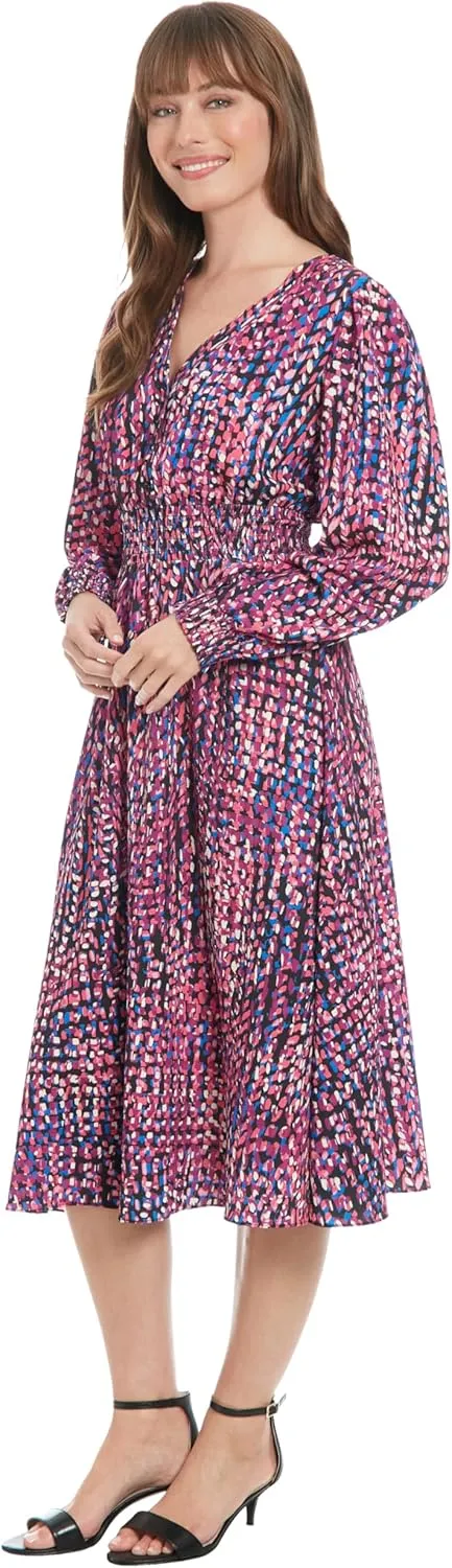 London Times Women's Long Sleeve V-Neck Midi Elastic Waist Flowy Skirt-Versatile Cocktail Wedding Guest Dress