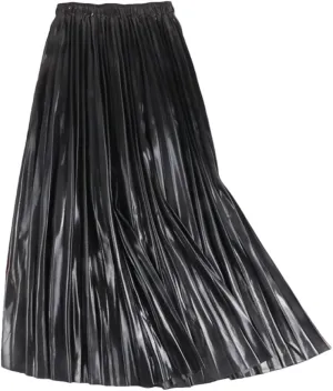 Long Elegant Women Midi Skirt High Waist Black Silver Gold Solid Color Pleated Skirts