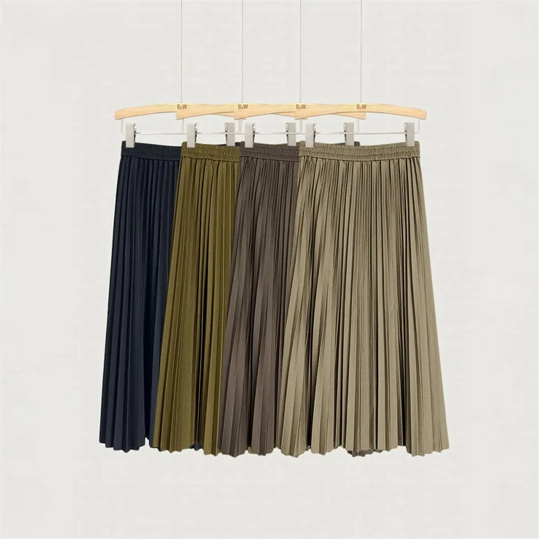 Long Midi Skirt for Women High Waist Black Khaki Pleated Autumn Spring Skirts
