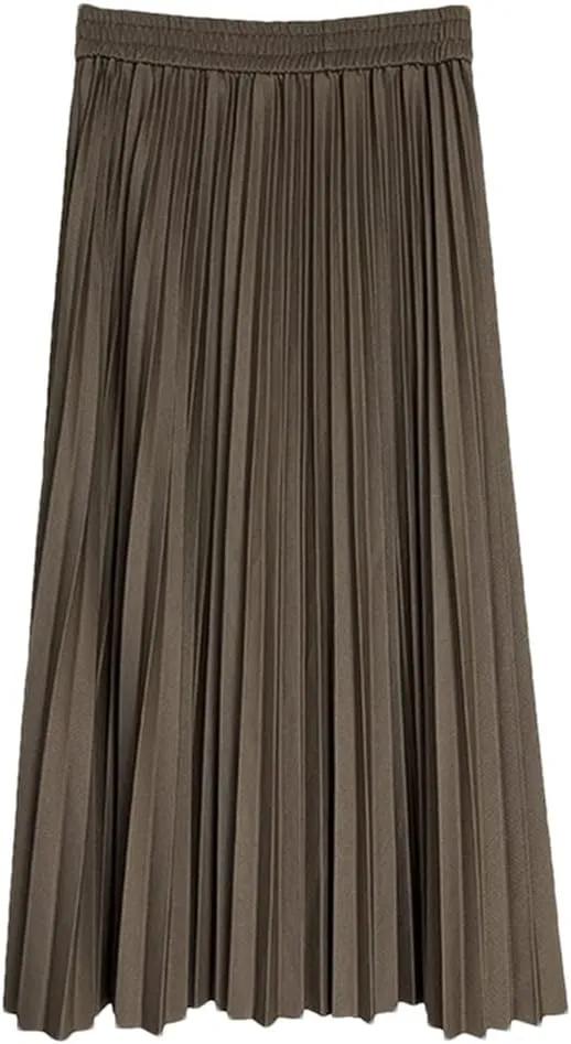 Long Midi Skirt for Women High Waist Black Khaki Pleated Autumn Spring Skirts