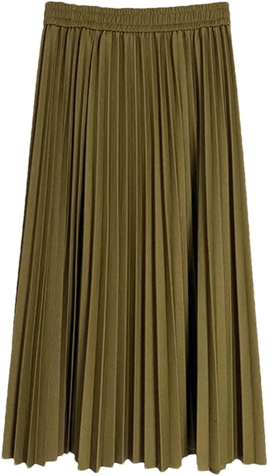 Long Midi Skirt for Women High Waist Black Khaki Pleated Autumn Spring Skirts