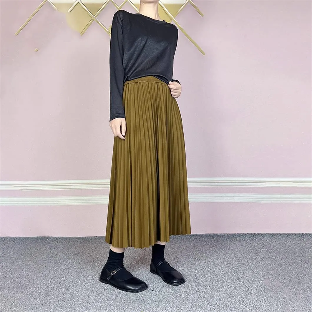 Long Midi Skirt for Women High Waist Black Khaki Pleated Autumn Spring Skirts