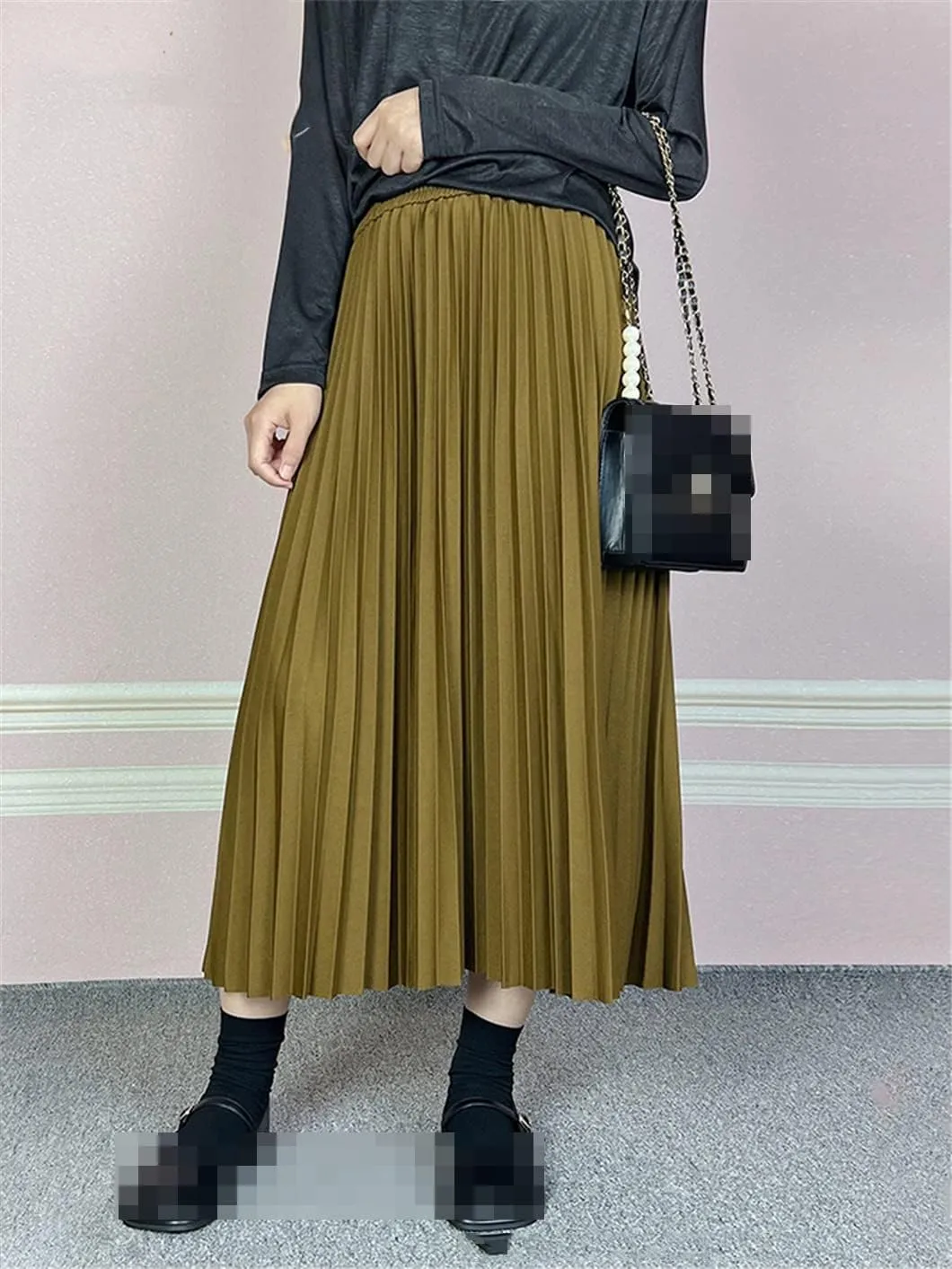 Long Midi Skirt for Women High Waist Black Khaki Pleated Autumn Spring Skirts