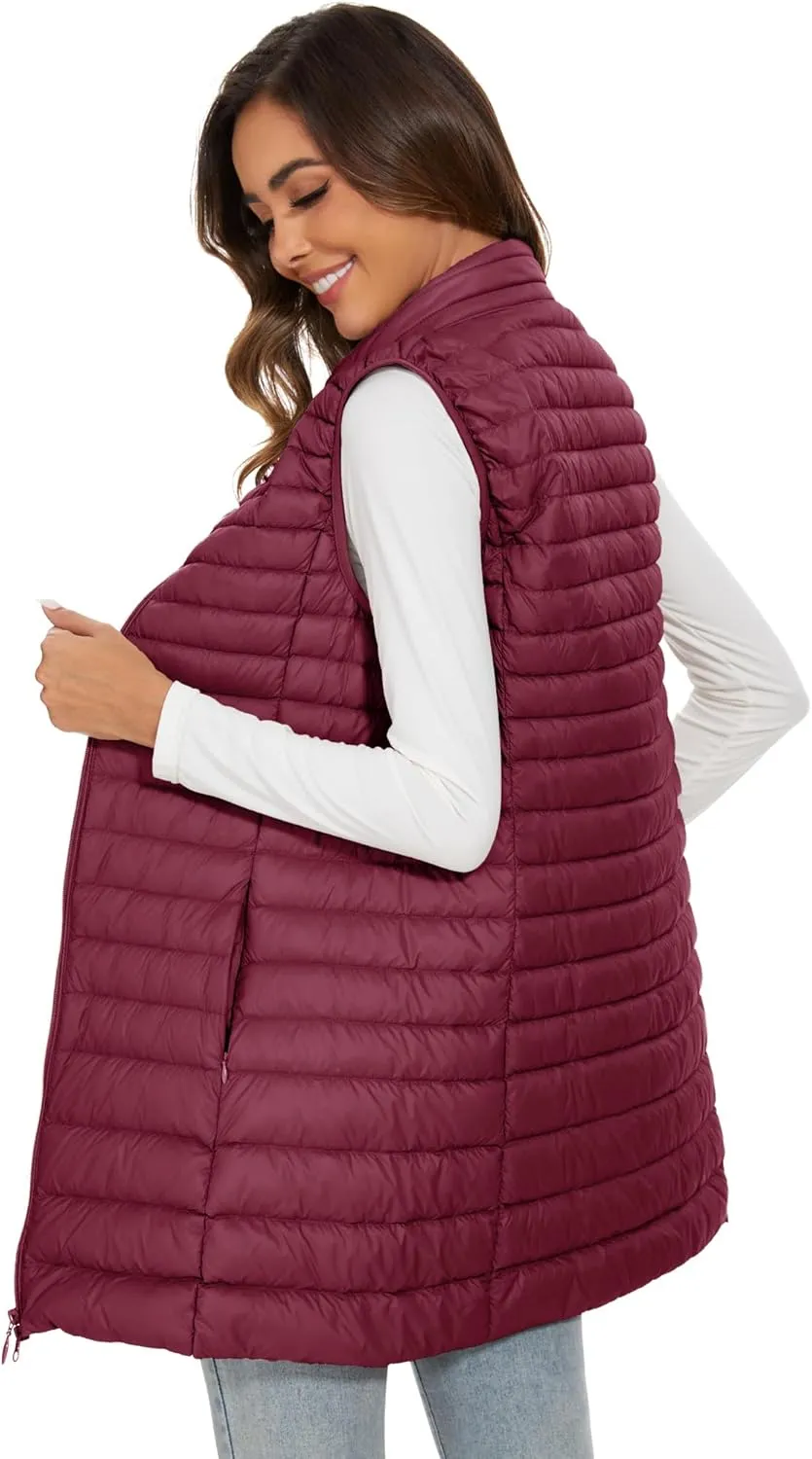 Long Puffer Vest for Women Winter Lightweight Down Vest Black Womens Vests Outerwear Sleeveless Jacket with Pockets