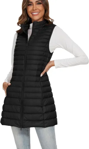 Long Puffer Vest for Women Winter Lightweight Down Vest Black Womens Vests Outerwear Sleeveless Jacket with Pockets