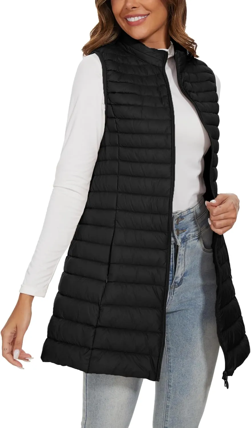 Long Puffer Vest for Women Winter Lightweight Down Vest Black Womens Vests Outerwear Sleeveless Jacket with Pockets
