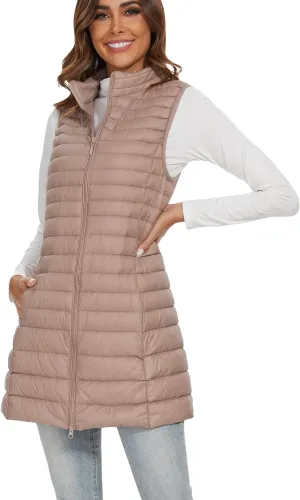 Long Puffer Vest for Women Winter Lightweight Down Vest Black Womens Vests Outerwear Sleeveless Jacket with Pockets