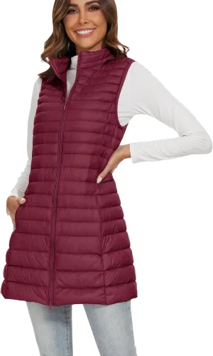 Long Puffer Vest for Women Winter Lightweight Down Vest Black Womens Vests Outerwear Sleeveless Jacket with Pockets