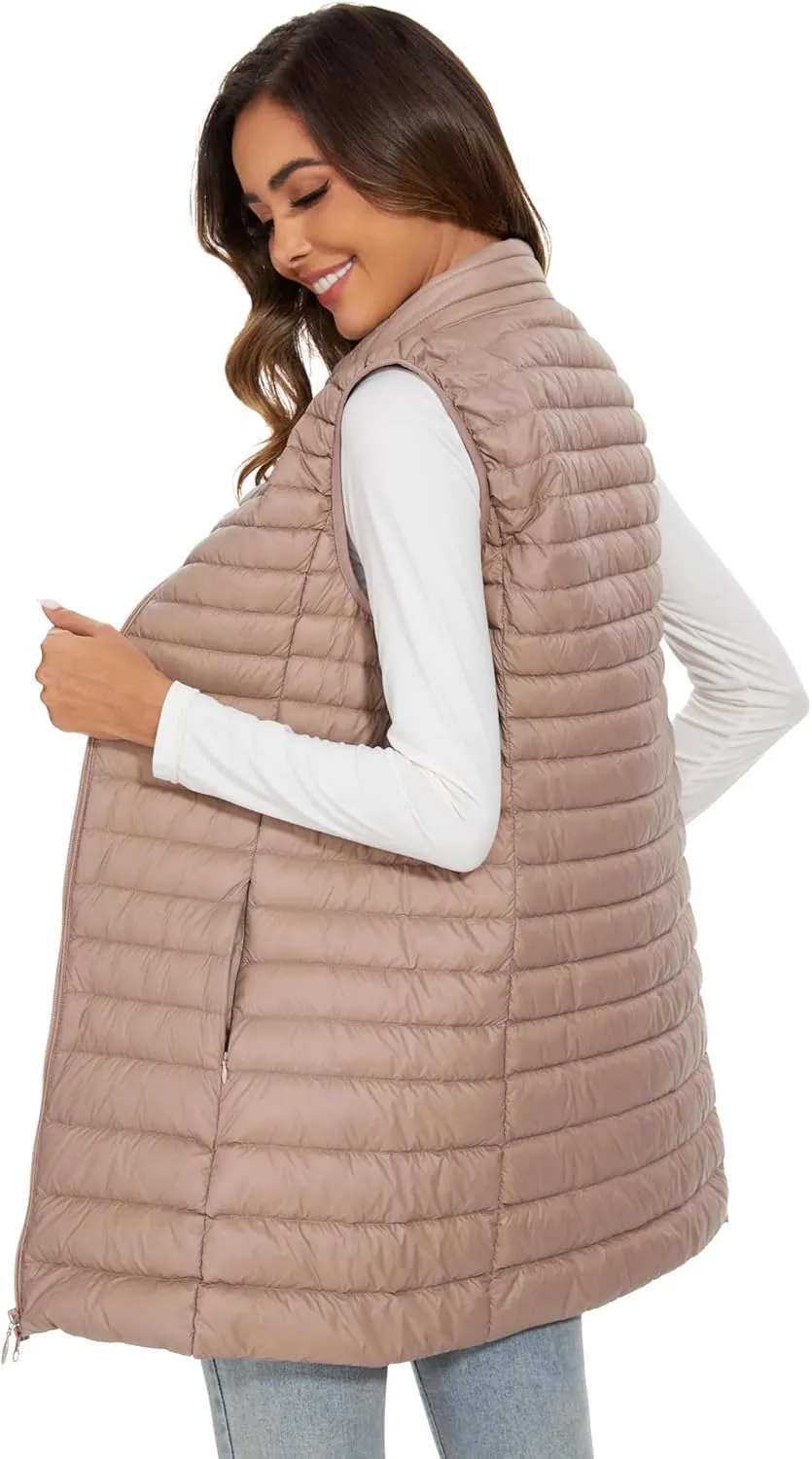 Long Puffer Vest for Women Winter Lightweight Down Vest Black Womens Vests Outerwear Sleeveless Jacket with Pockets