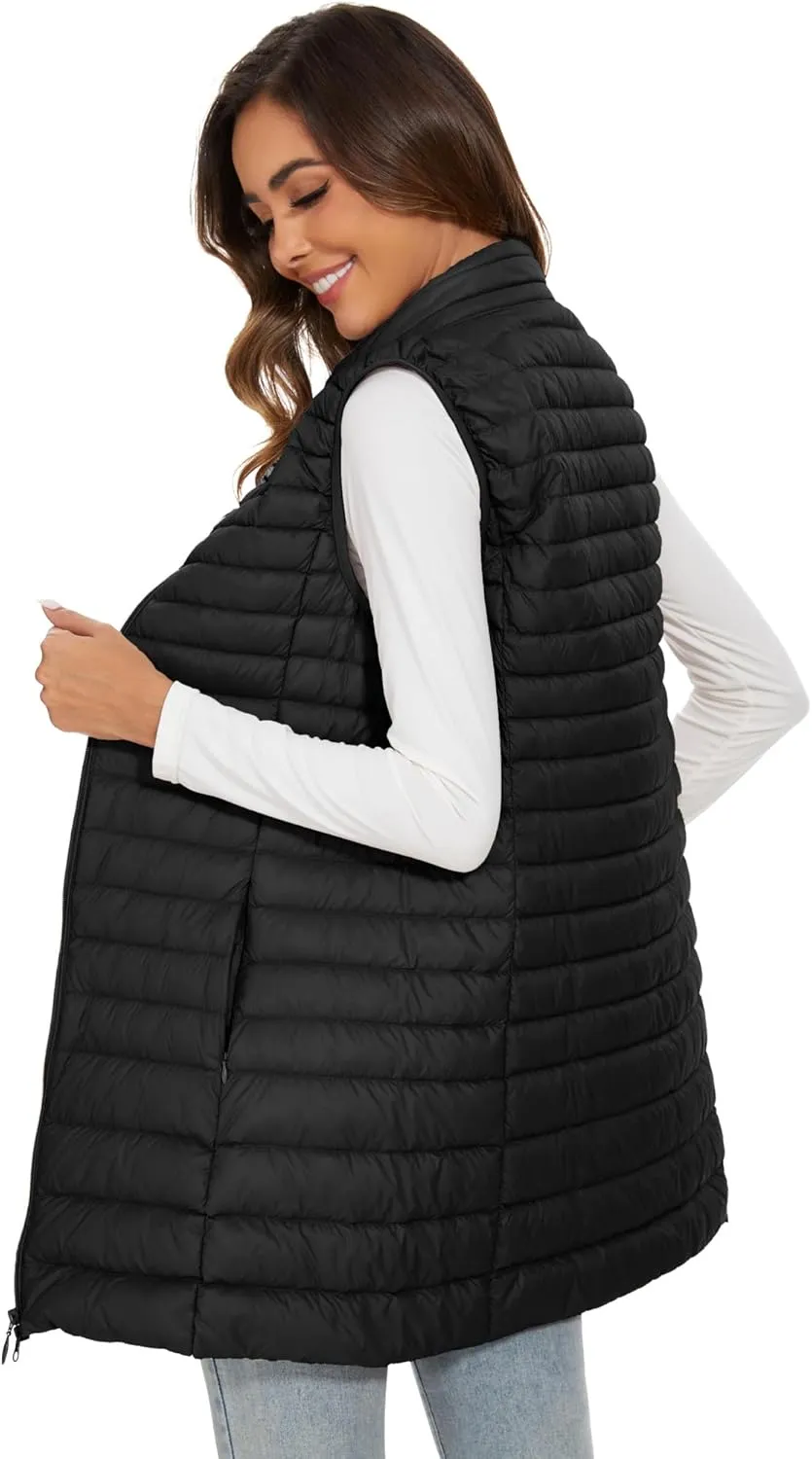 Long Puffer Vest for Women Winter Lightweight Down Vest Black Womens Vests Outerwear Sleeveless Jacket with Pockets