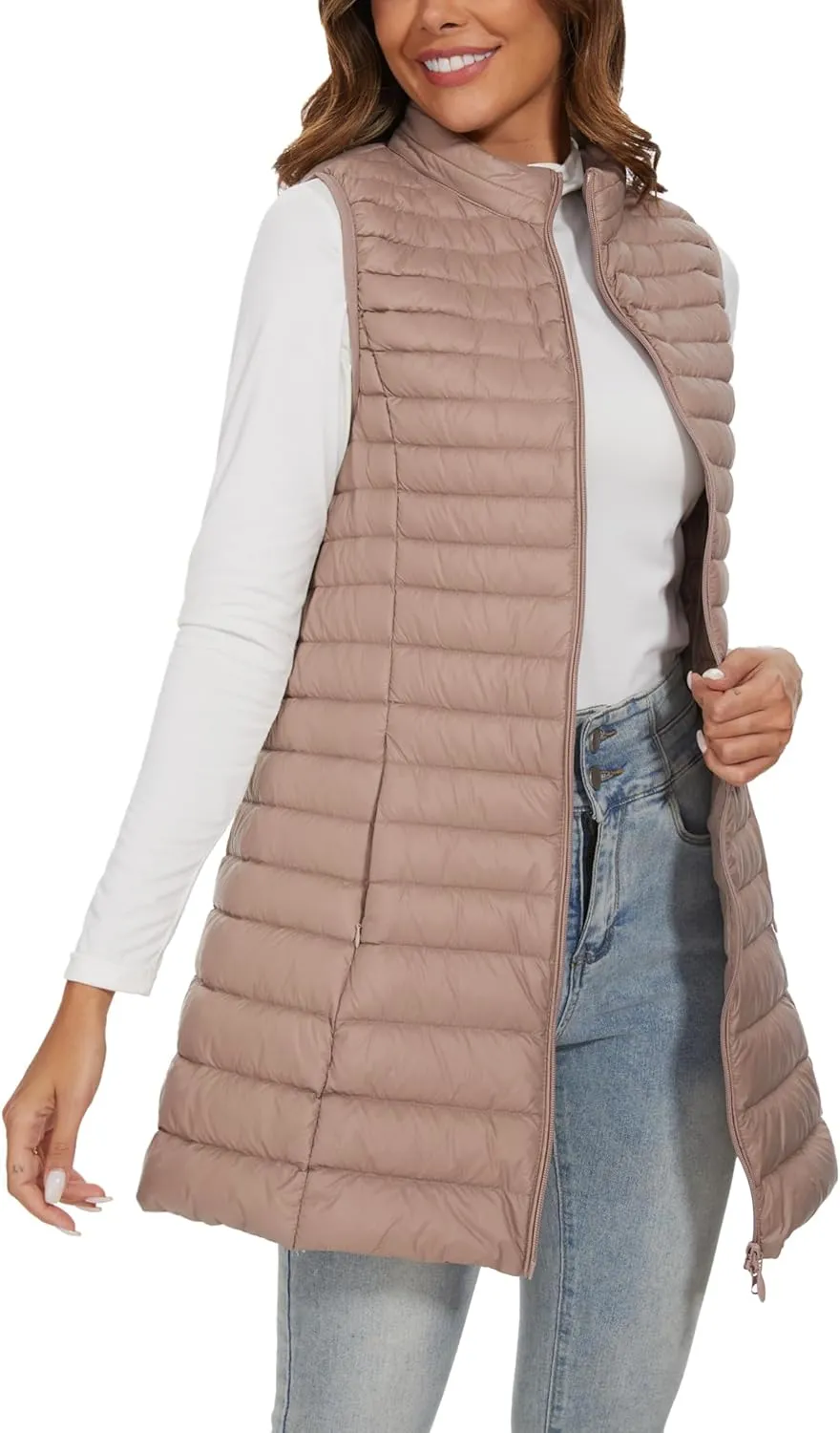 Long Puffer Vest for Women Winter Lightweight Down Vest Black Womens Vests Outerwear Sleeveless Jacket with Pockets