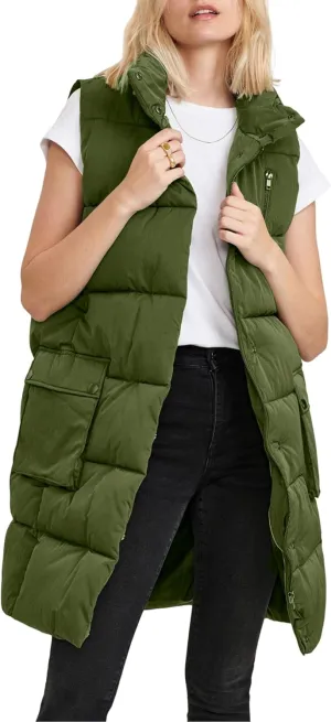 Long Puffer Vest Women Quilted Stand Collar Sleeveless Vests Outerwear Down Jacket Winter Coats(Armygreen-S)