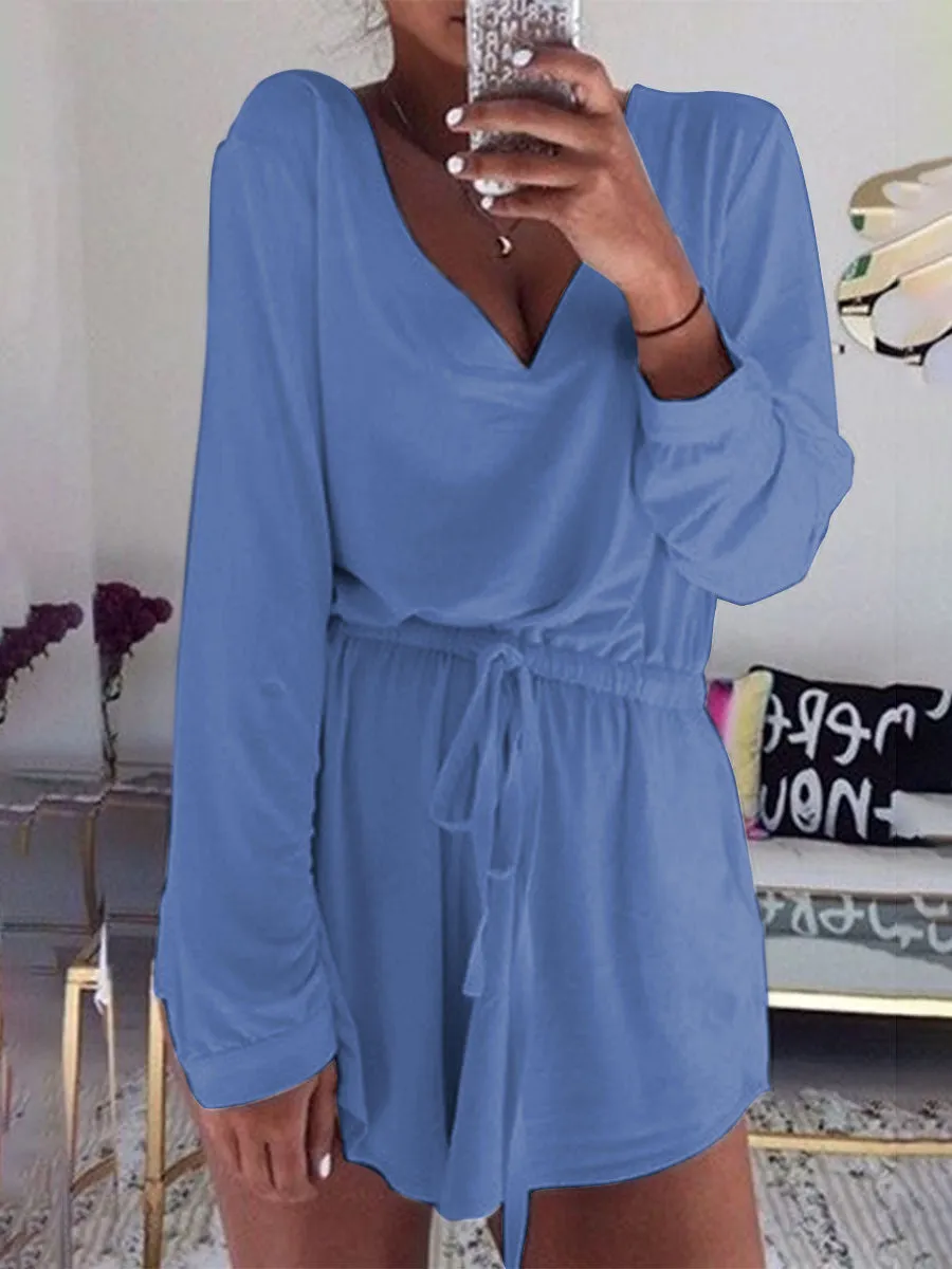 Loose Casual Cotton and Linen V-neck Long Sleeve Two-piece Suit