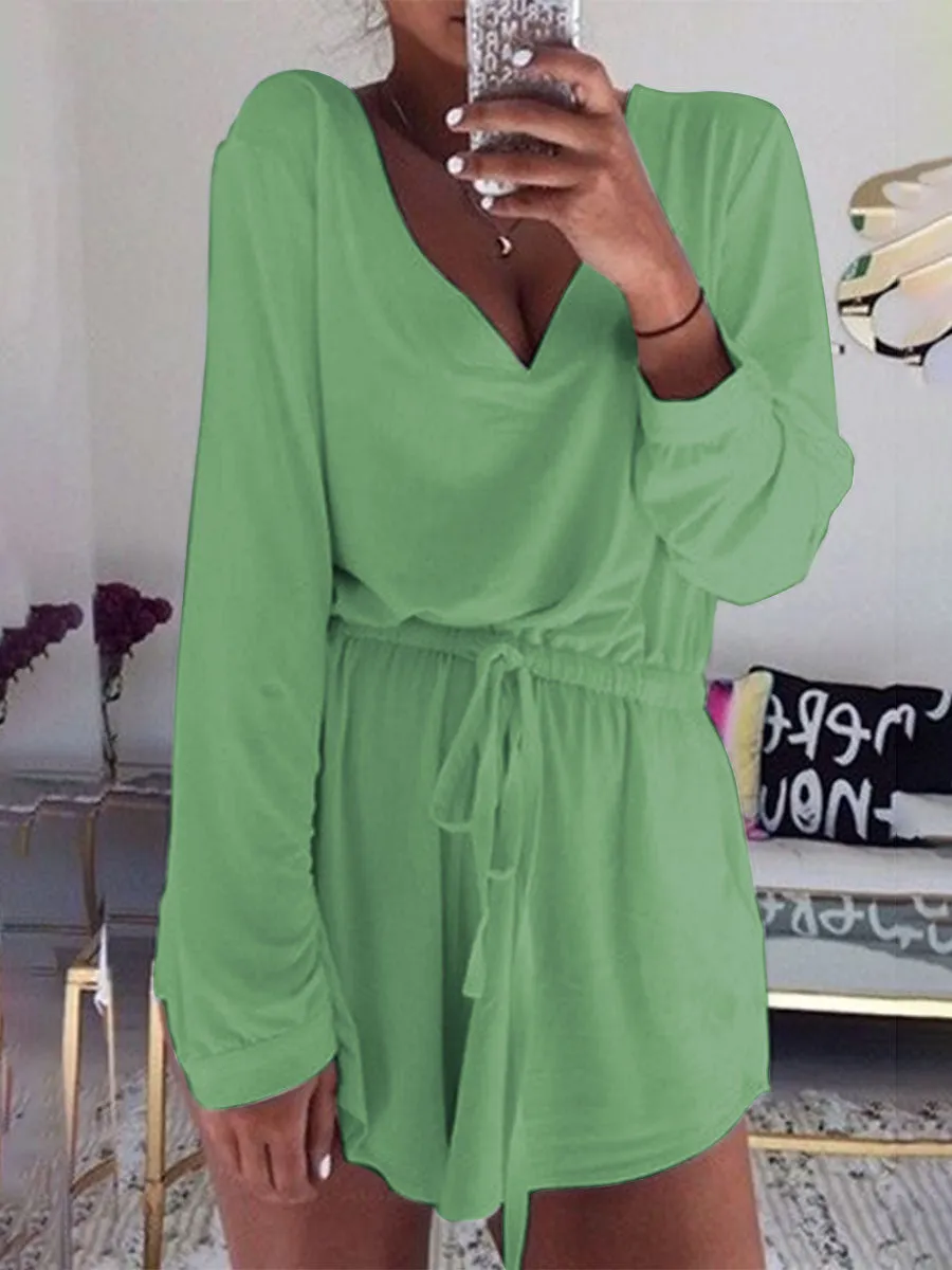 Loose Casual Cotton and Linen V-neck Long Sleeve Two-piece Suit