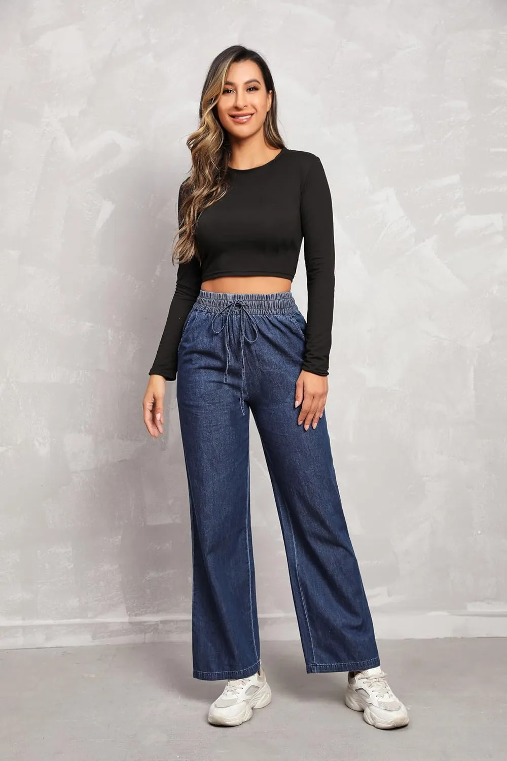 Love Welove Fashion Wide Leg Jeans for Women Elastic High Waisted Pull On Drawstring Baggy Denim Pants Plus Size 3XL