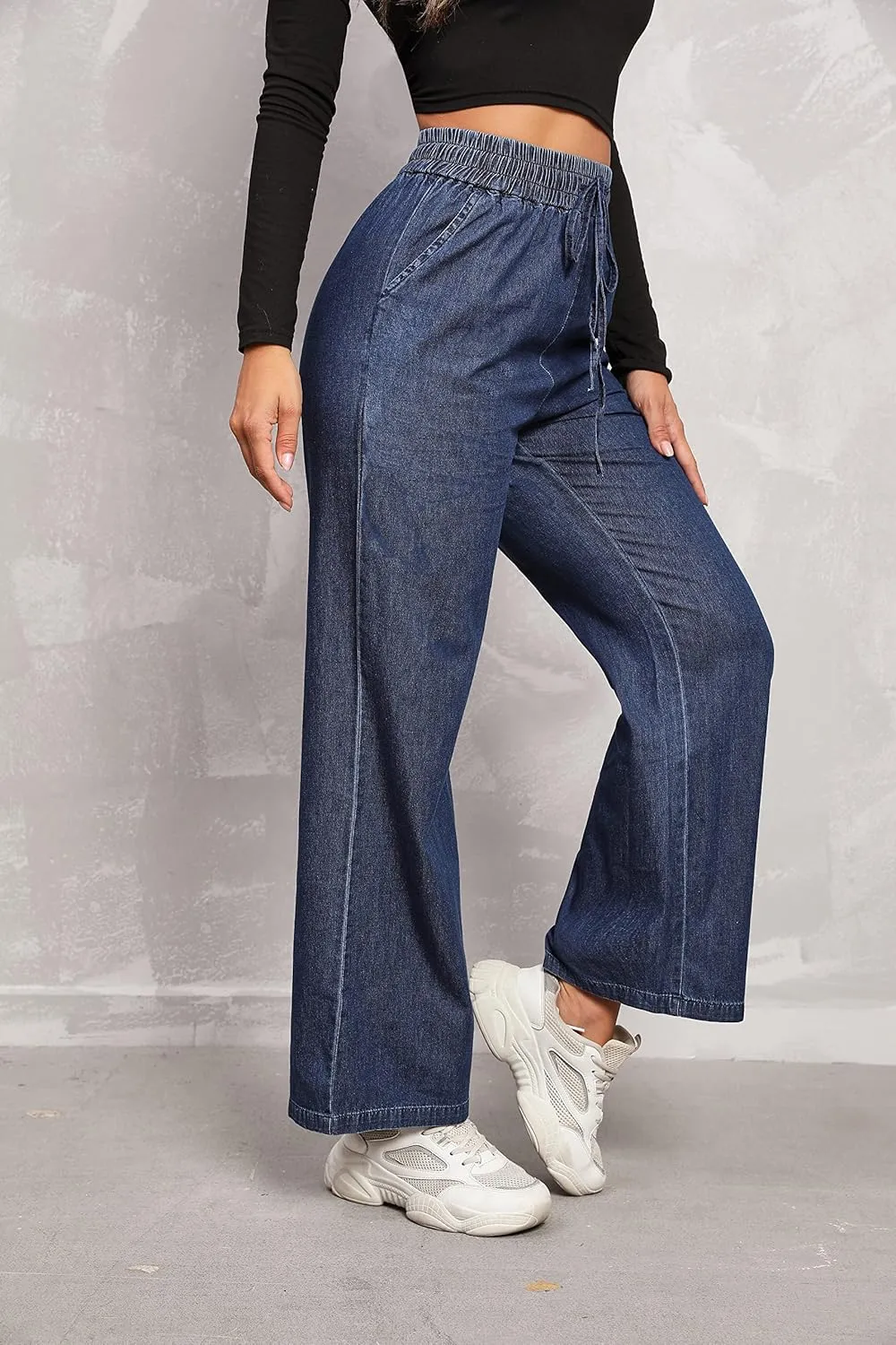 Love Welove Fashion Wide Leg Jeans for Women Elastic High Waisted Pull On Drawstring Baggy Denim Pants Plus Size 3XL