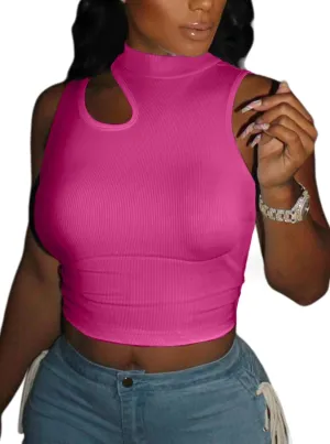 LovelyWholesale Crop Tops for Women Sexy Cut Out Tops Mock Neck Ribbed Tank Top Sleeveless Shirts