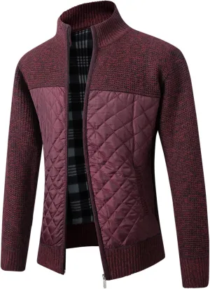 Lu's Chic Men's Long Sleeve Cardigan Sweater Thermal Slim Fit Full Zip Quilted Jacket Business Casual Knit Coats Pocket