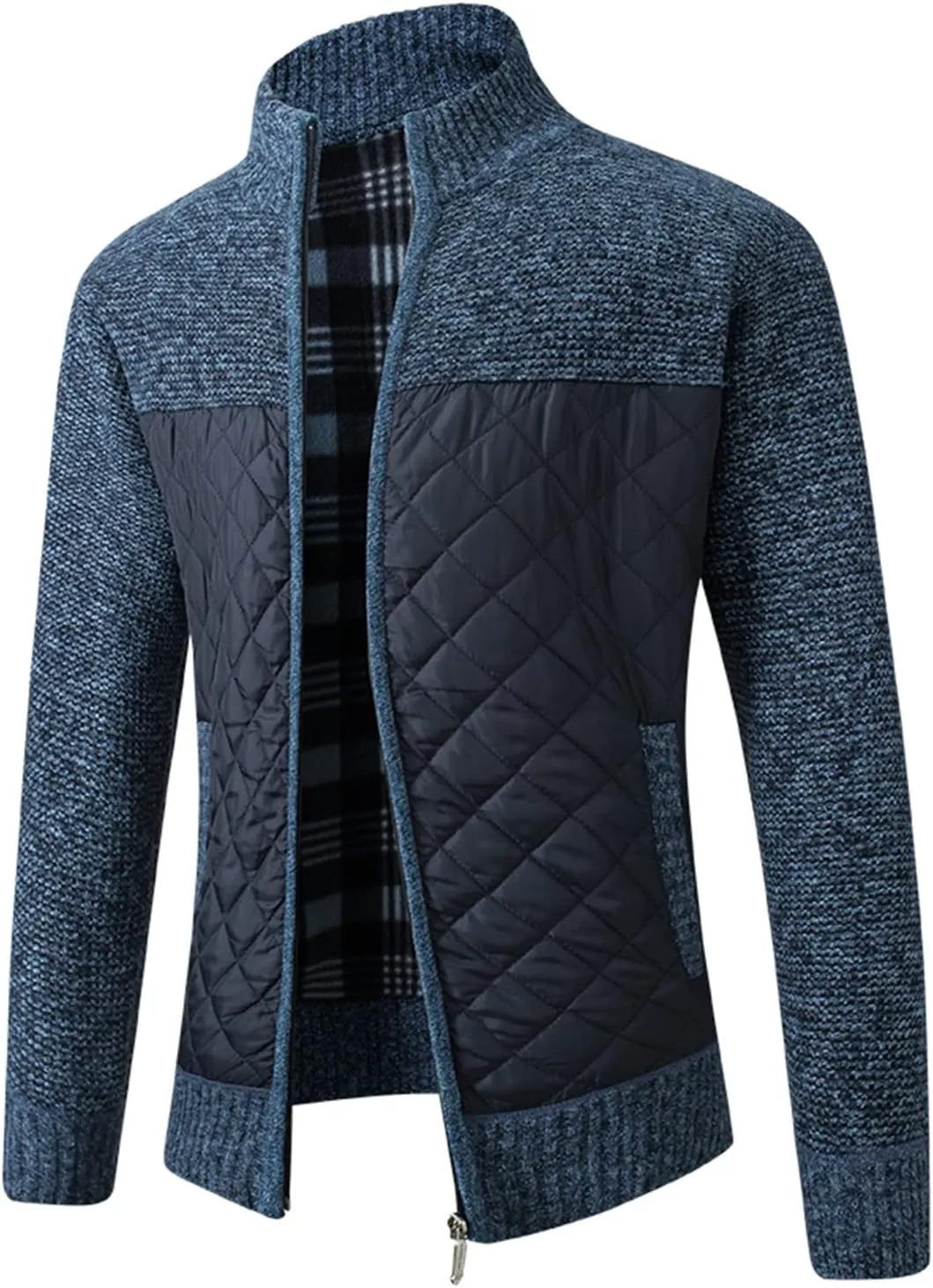 Lu's Chic Men's Long Sleeve Cardigan Sweater Thermal Slim Fit Full Zip Quilted Jacket Business Casual Knit Coats Pocket