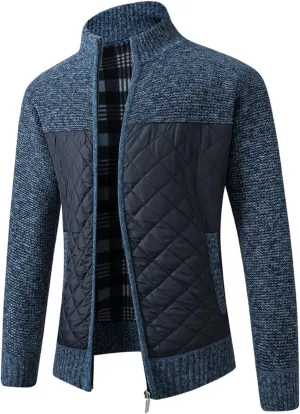 Lu's Chic Men's Long Sleeve Cardigan Sweater Thermal Slim Fit Full Zip Quilted Jacket Business Casual Knit Coats Pocket