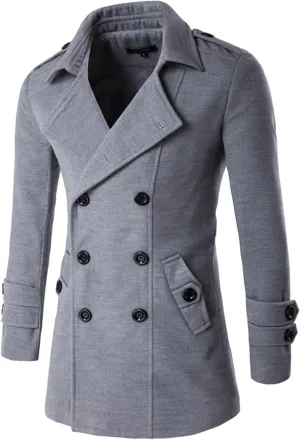Lu's Chic Men's Long Sleeve Tops Double Breasted Slim Fit Pea Coat Jacket Fashion Outerwear