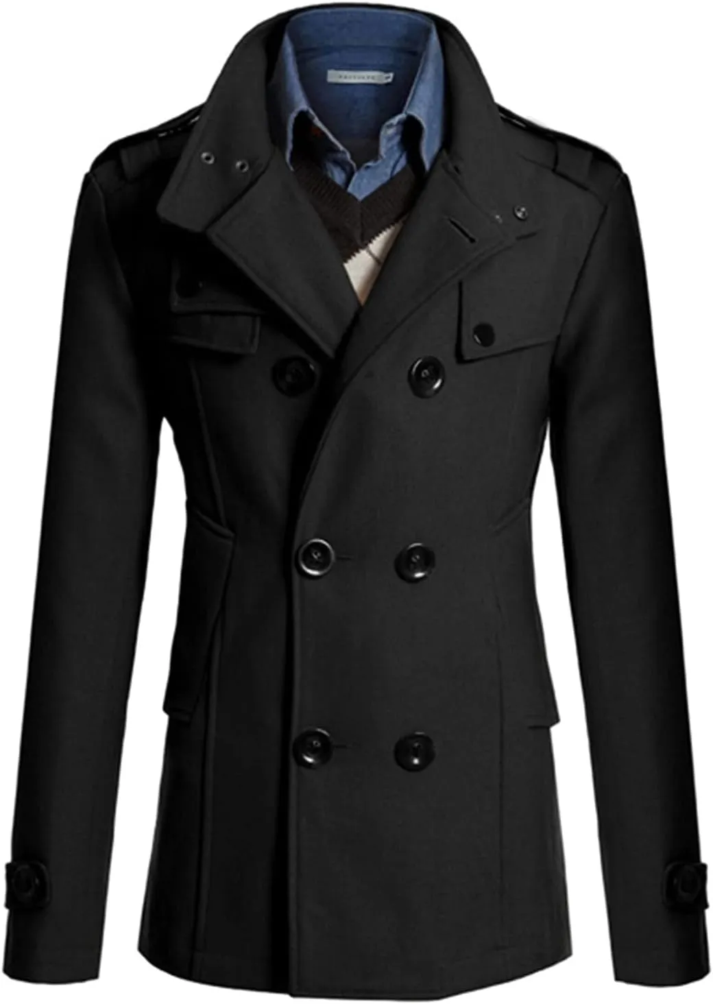 Lu's Chic Men's Long Sleeve Tops Double Breasted Slim Fit Pea Coat Jacket Fashion Outerwear