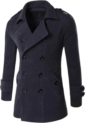Lu's Chic Men's Long Sleeve Tops Double Breasted Slim Fit Pea Coat Jacket Fashion Outerwear