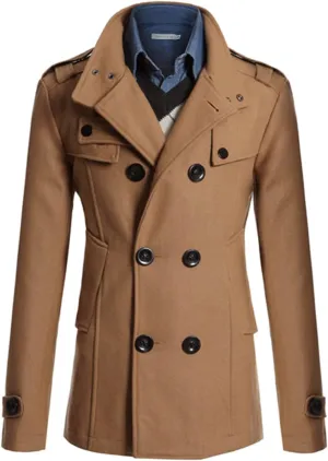 Lu's Chic Men's Long Sleeve Tops Double Breasted Slim Fit Pea Coat Jacket Fashion Outerwear