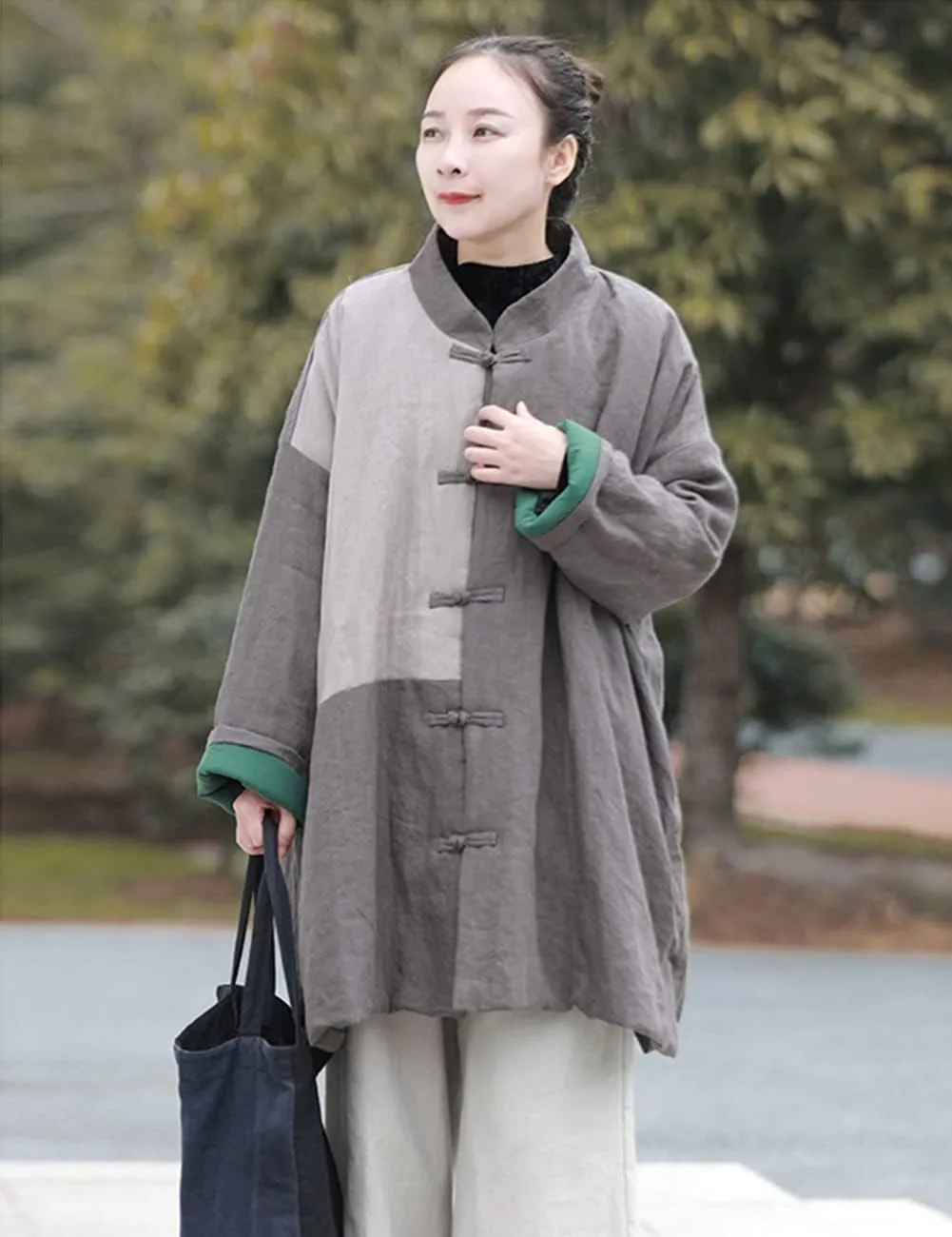 LUZU JUNU Women's Cotton Padded Coats Mid-Length Quilted Chinese Style Fall Winter Patchwork Jackets