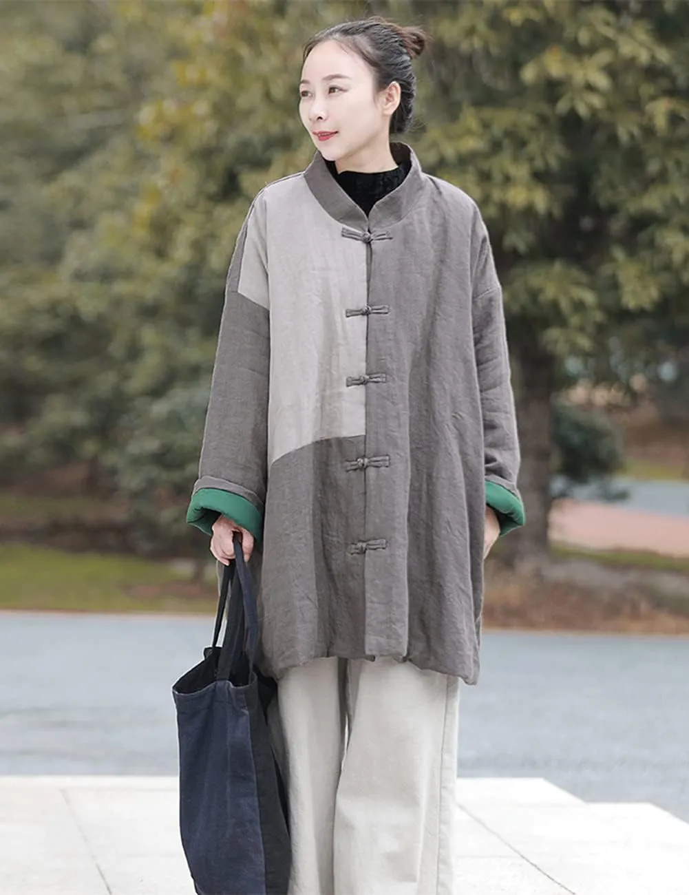 LUZU JUNU Women's Cotton Padded Coats Mid-Length Quilted Chinese Style Fall Winter Patchwork Jackets