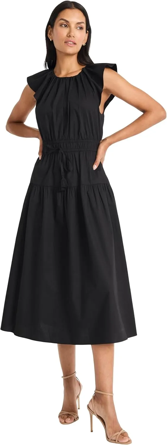 Maggy London Women's Elegant Midi A-line Smocked Waist Flutter Sleeve-Tiered Skirt Versatile Wedding Guest Dresses