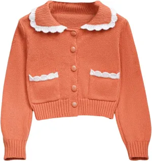 MakeMeChic Girl's Button Down Long Sleeve Sweater Cardigan Scallop Trim Pocket Knit Crop Cute Outerwear