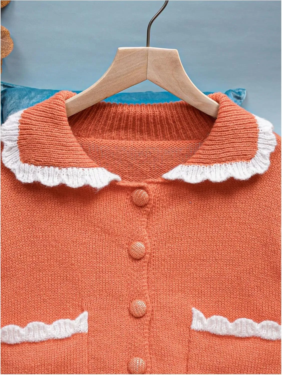 MakeMeChic Girl's Button Down Long Sleeve Sweater Cardigan Scallop Trim Pocket Knit Crop Cute Outerwear