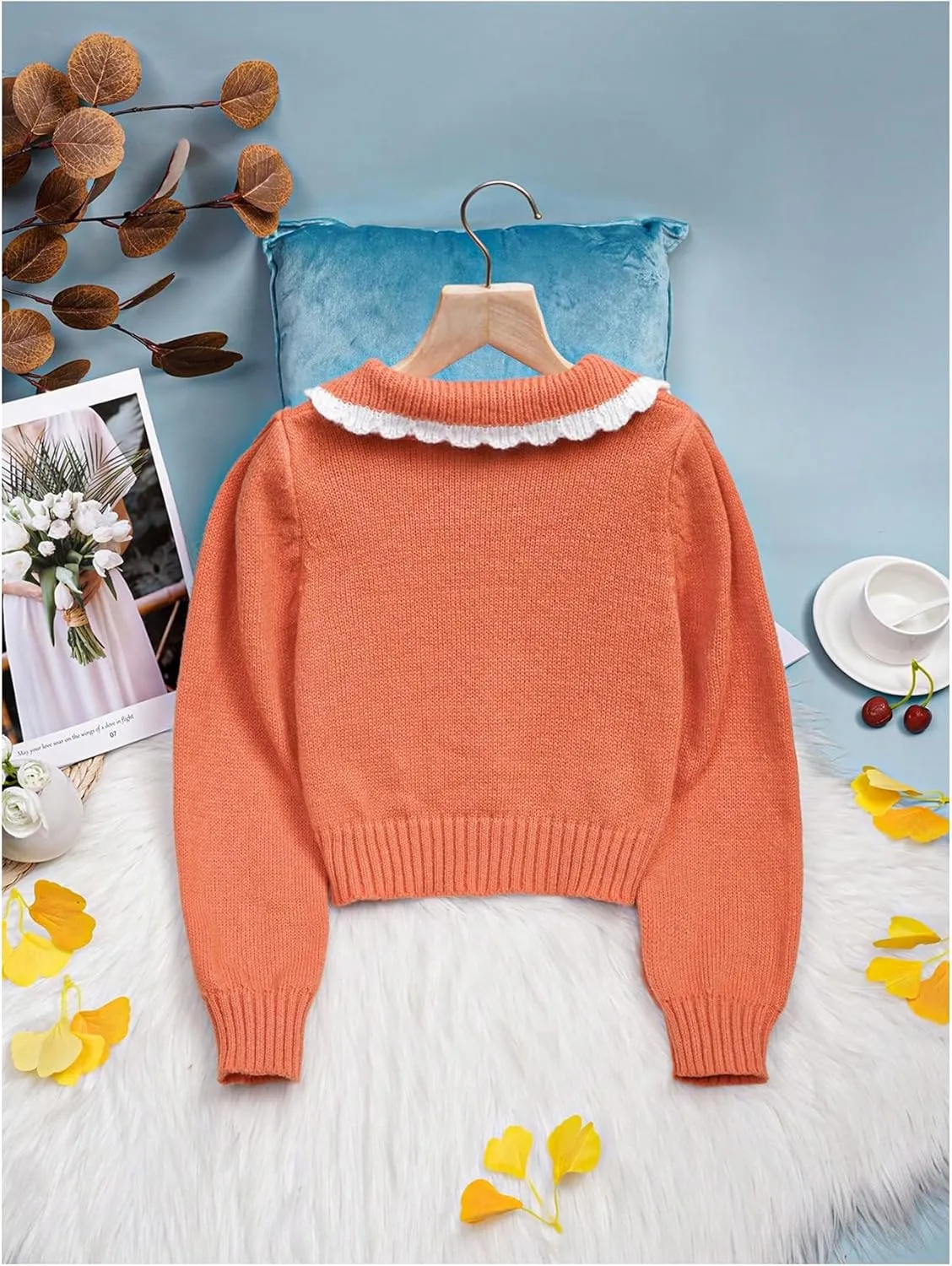 MakeMeChic Girl's Button Down Long Sleeve Sweater Cardigan Scallop Trim Pocket Knit Crop Cute Outerwear
