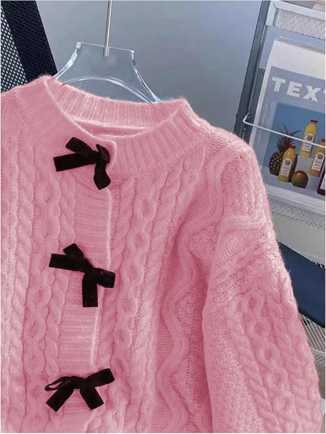 MakeMeChic Women's Bow Knot Sweater Cardigan Cable Knit Long Sleeve Crew Neck Knitted Cardigan Outerwear