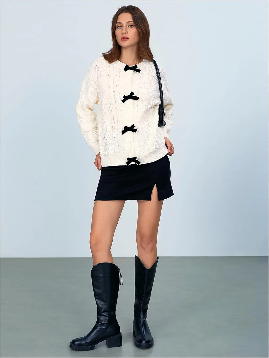 MakeMeChic Women's Bow Knot Sweater Cardigan Cable Knit Long Sleeve Crew Neck Knitted Cardigan Outerwear